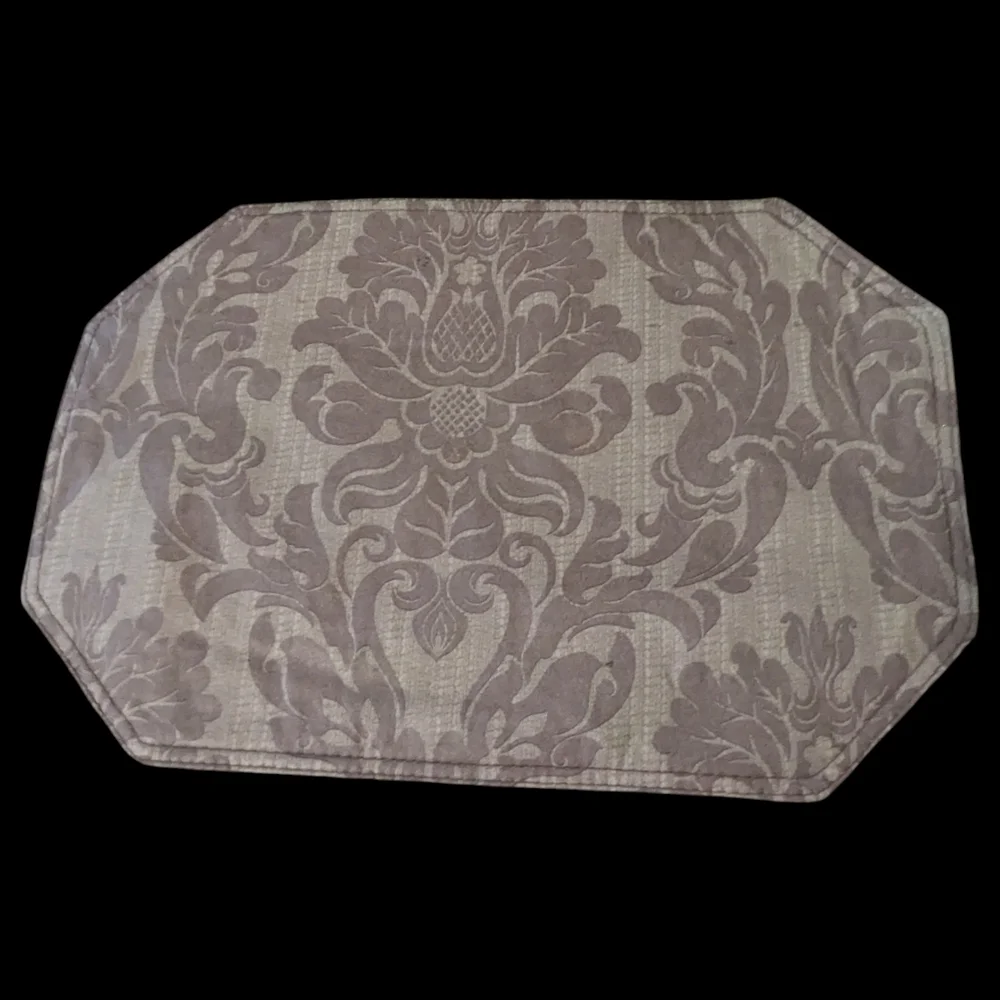 VTG MCM 2-Green & 1-Brown Tone On Tone Damask & Grapevine Print Vinyl Placemats